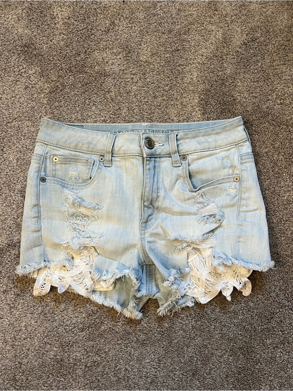 American Eagle Outfitters Light Wash Denim Lace Trim Jean Shorts